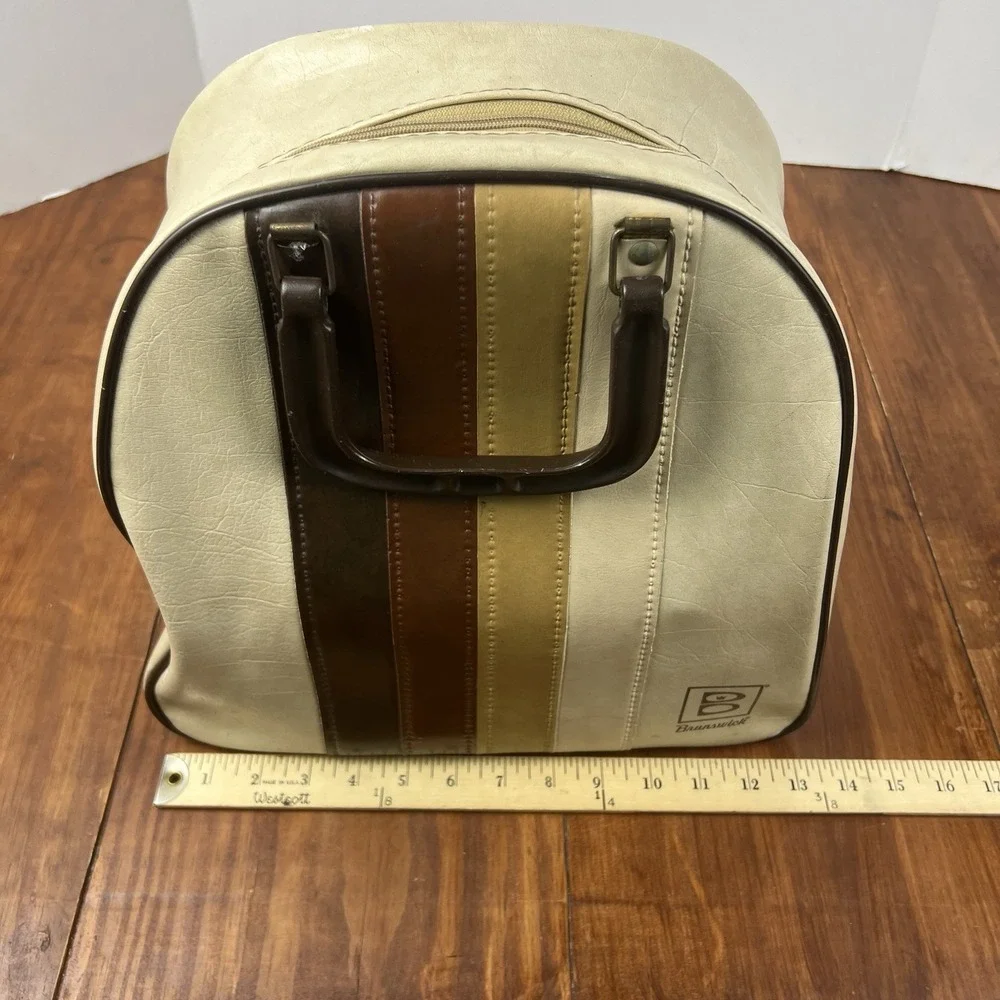 Vintage Brunswick Bowling Ball Bag Retro Striped Cream Brown Tan 1970s